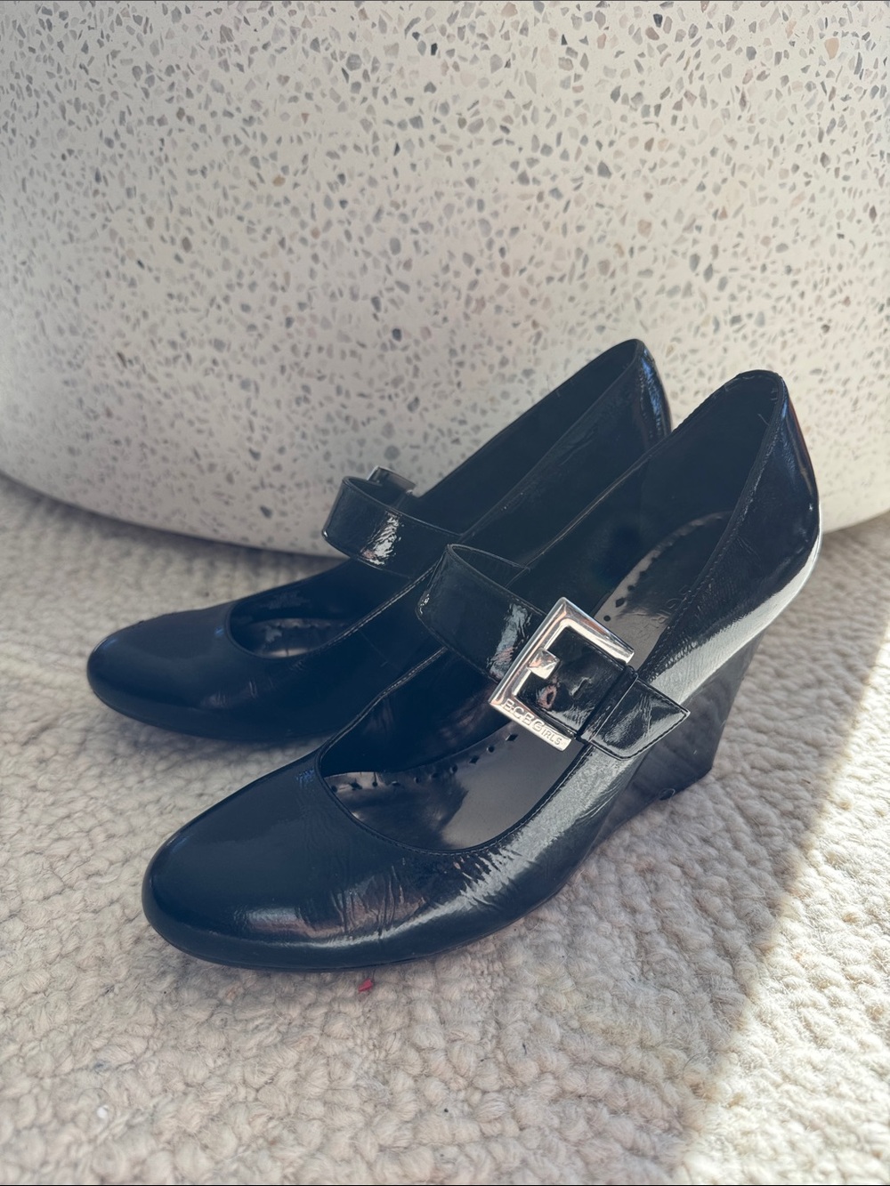 BCBGirls Black Patent Mary Jane Wedge Pumps with Buckle